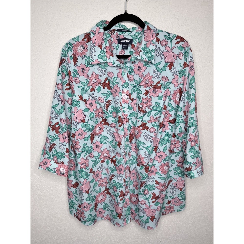 LANDS END No Iron Shirt Womens 18W Floral Supima Cotton Button Up Plus